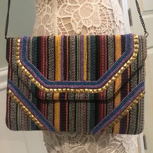 Design Lab Striped & Beaded Fold-Over Bag with Chain Strap, Also Worn as Clutch